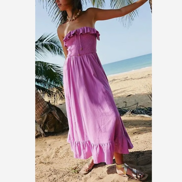 NWOT FREE PEOPLE WOMENS LUSH LIFE LINEN BLEND OPERA MAUVE DRESS STRAPLESS - Picture 1 of 9
